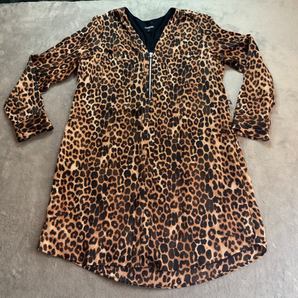 Express Leopard Print Quarter Zip Tunic Dress Womens L Long Sleeve Mini Lined